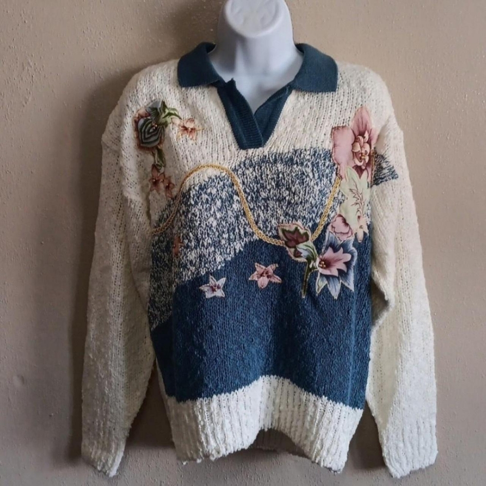 80s 90s Abstract Applique Sweater Vintage Whimsical Floral Patch Cottage Medium